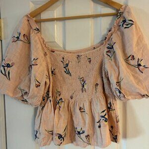 ANA Women's Peach Floral Smocked Cropped Puff Sleeve Top Festival Blouse Size L